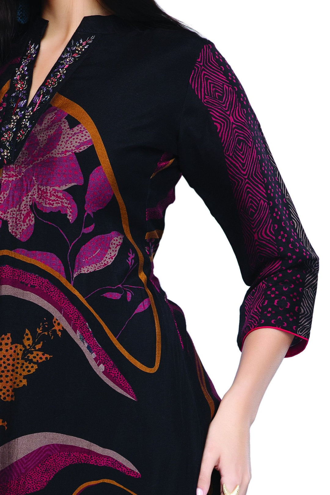 Black Multicolor Digital Print, Beads, Stone and Zardozi work Calf Length Kurti
