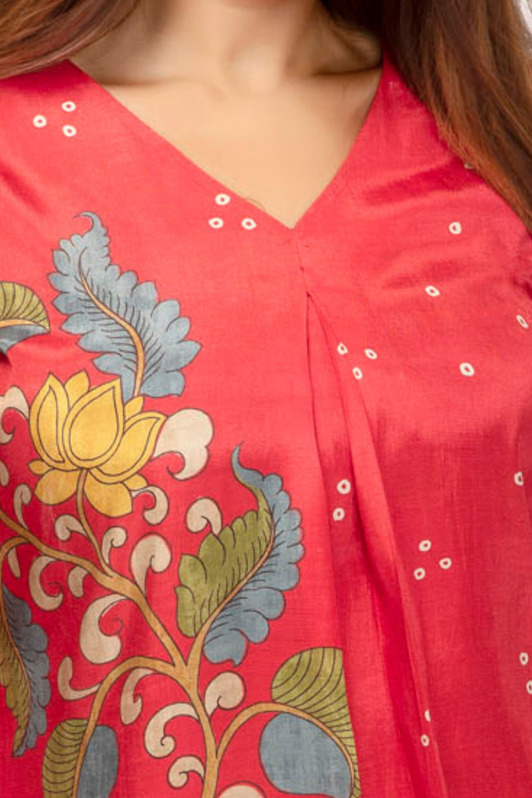 Tomato Red Floral Print Short Kurti