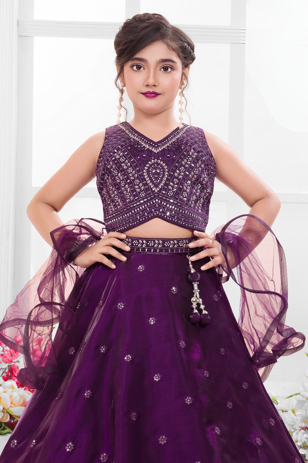 Purple Mirror, Stone, Thread, Sequins and Zari work Lehenga Choli for Girls