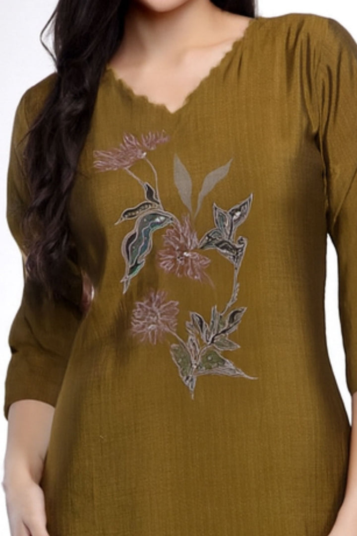 Mehendi Green with Printed and Stone work Calf Length Kurti