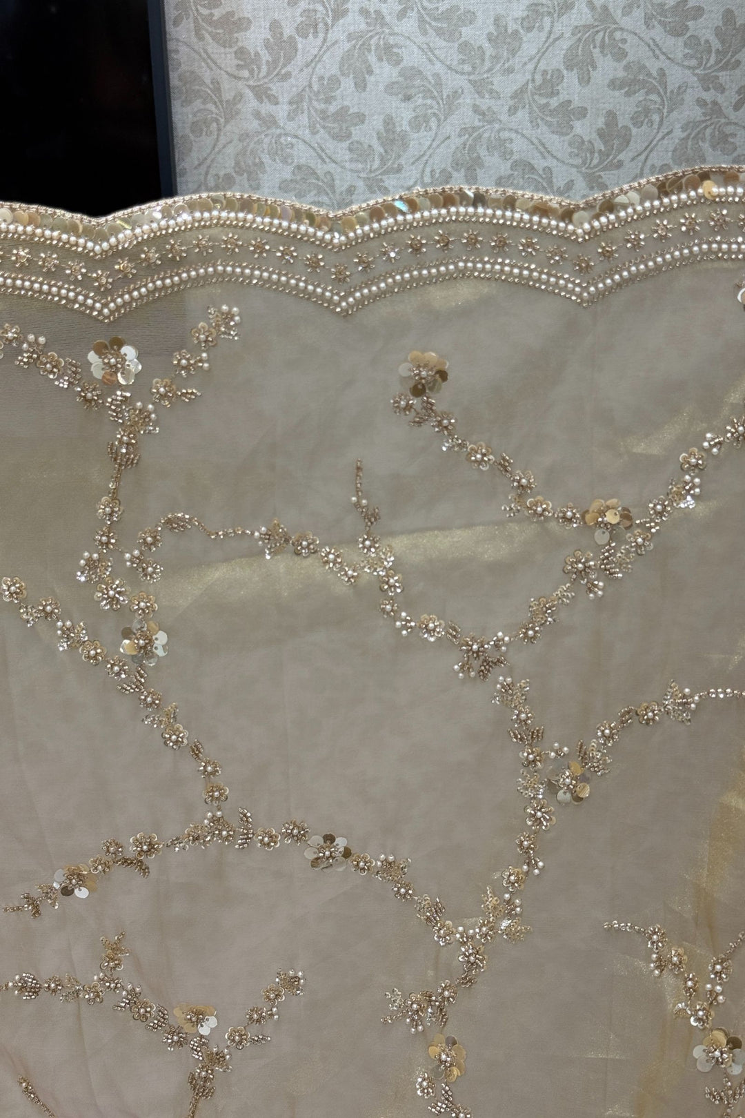 Gold Beads, Sequins, Peral and Zari work Saree