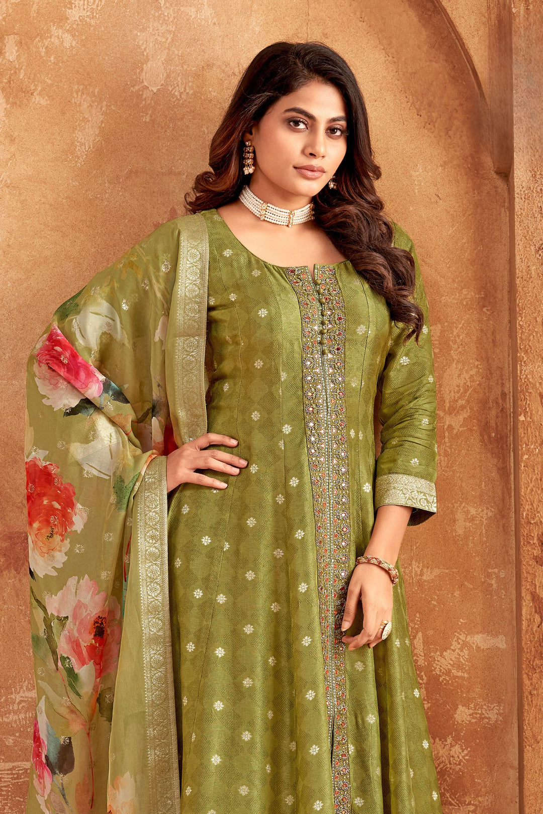 Pista Green Banaras, Zardozi, Stone and Beads work Salwar Suit with Straight Pants