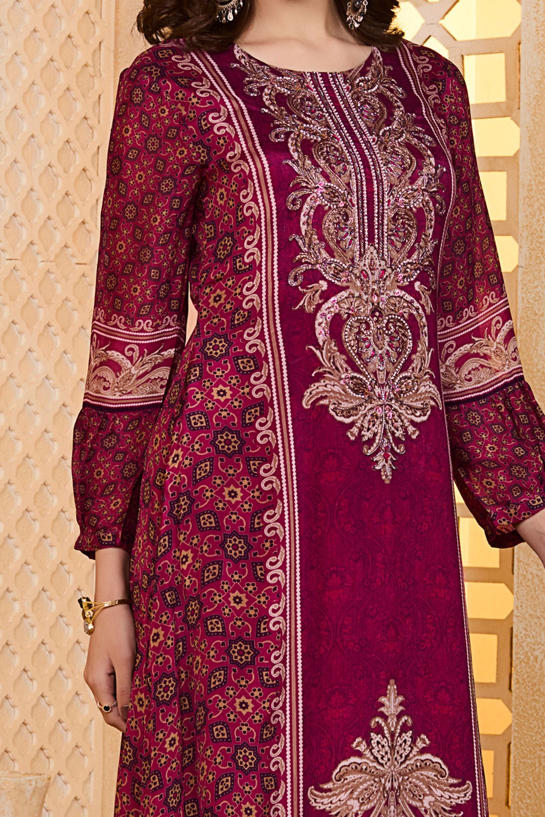 Magenta Beads and Pearl work with Digital Print Floor Length Anarkali Suit