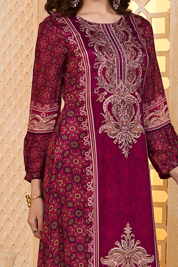 Magenta Beads and Pearl work with Digital Print Floor Length Anarkali Suit