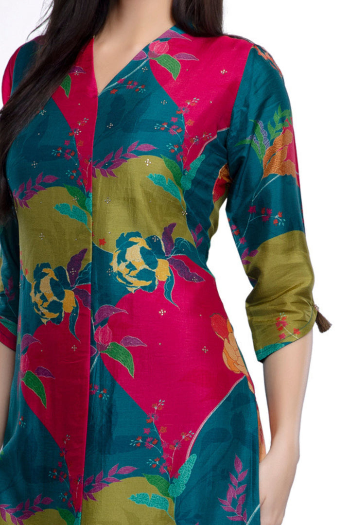 Multicolor Printed and Stone work Calf Length Kurti
