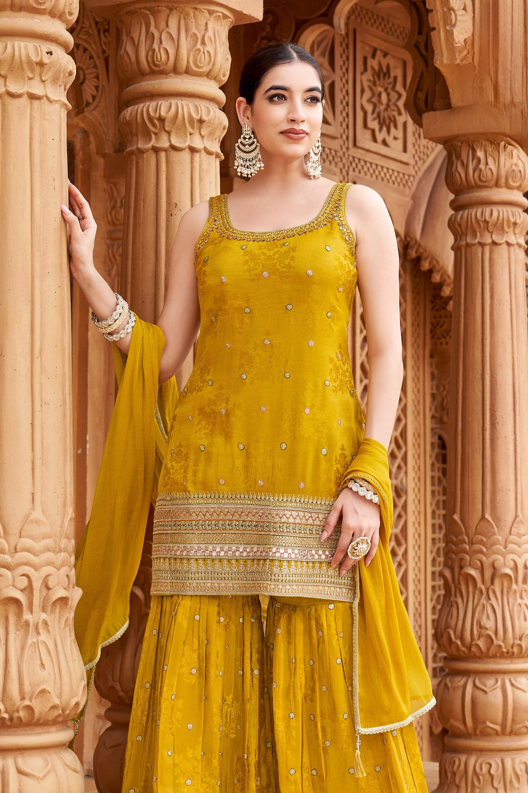 Olive Green Sequins, Zari, Mirror and Zardozi work Sharara Salwar Suit