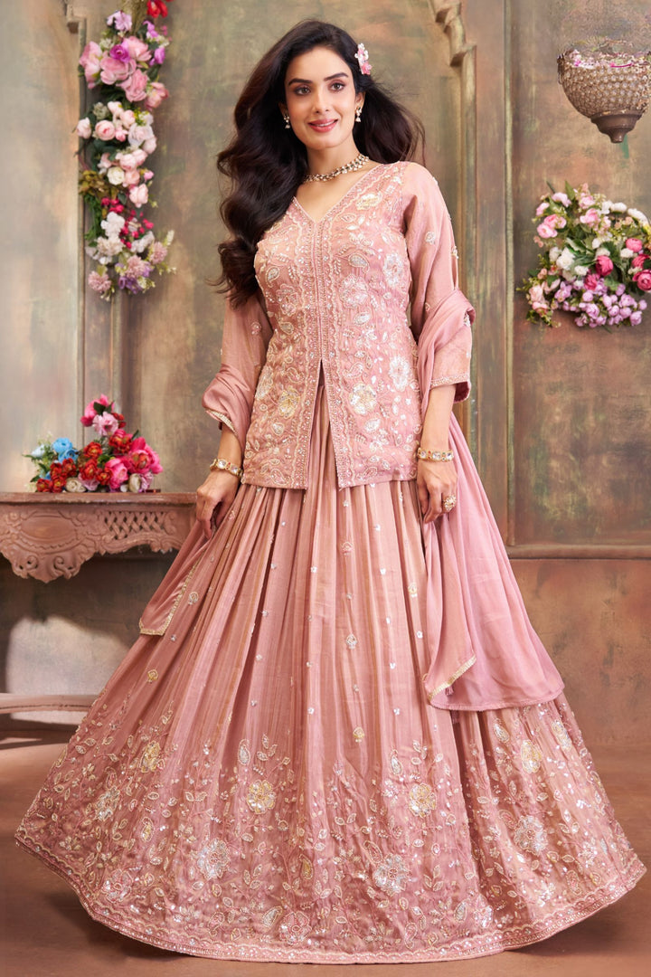 Peach Beads, Pearl, Multicolor Thread and Sequins work Peplum Style Lehenga