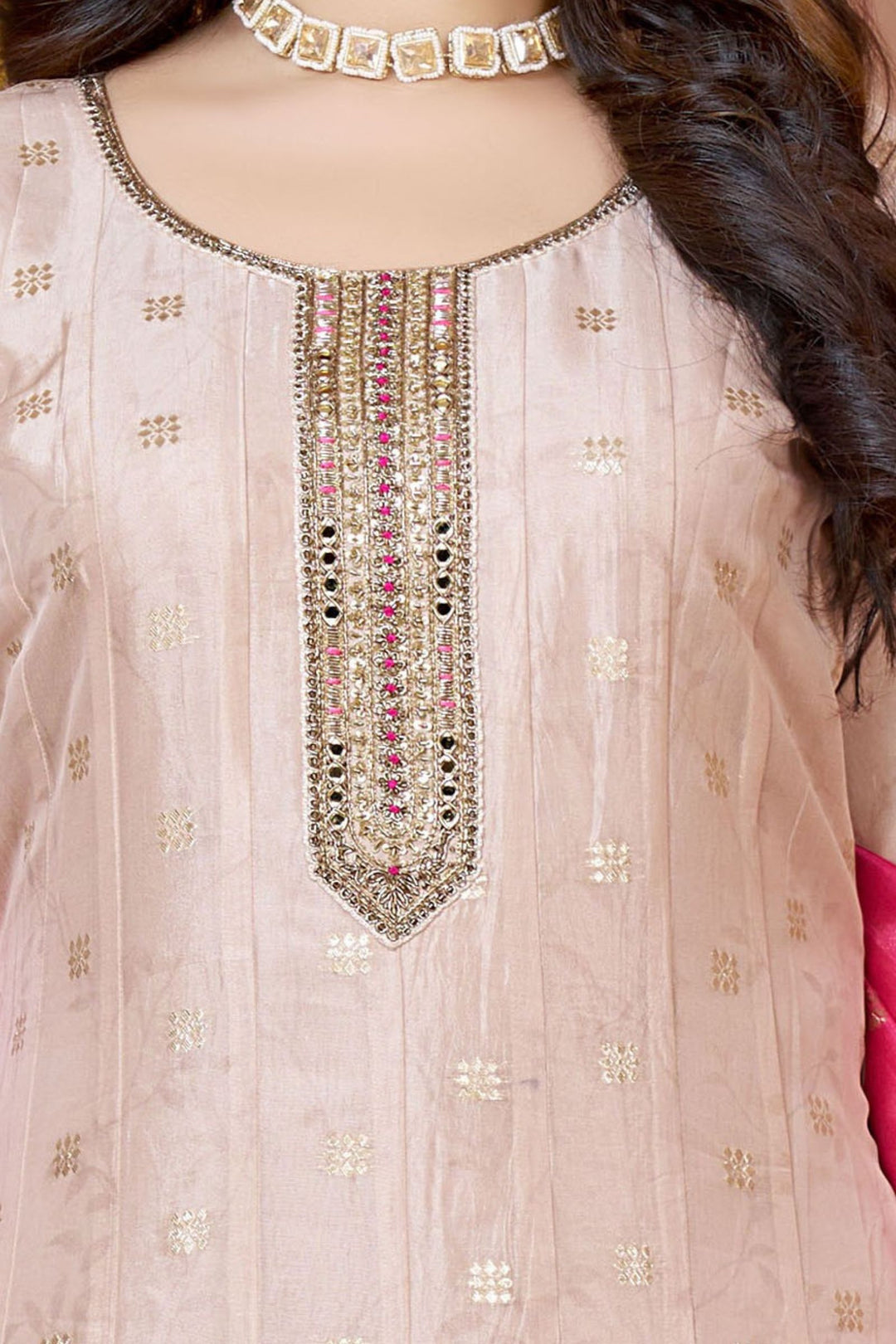 Light Peach Banaras, Mirror, Beads, Zardozi and Sequins work Anarkali Style Salwar
