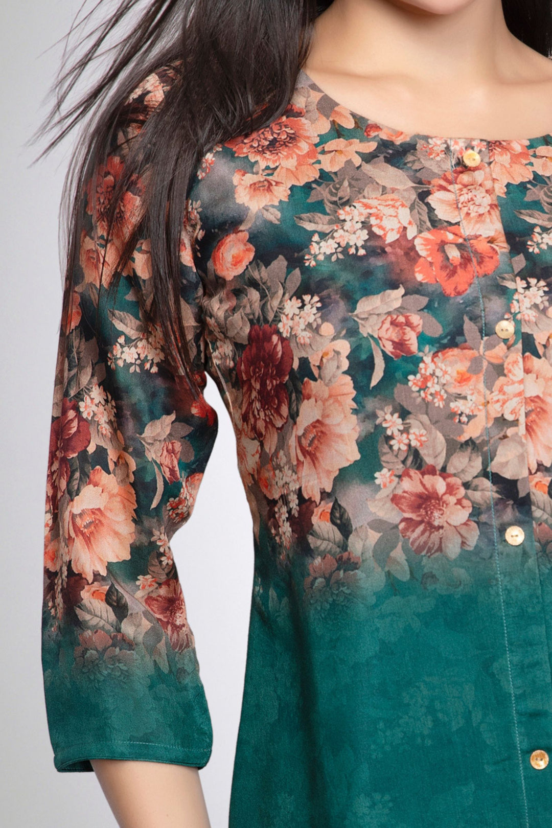 Green Floral Print Short Kurti