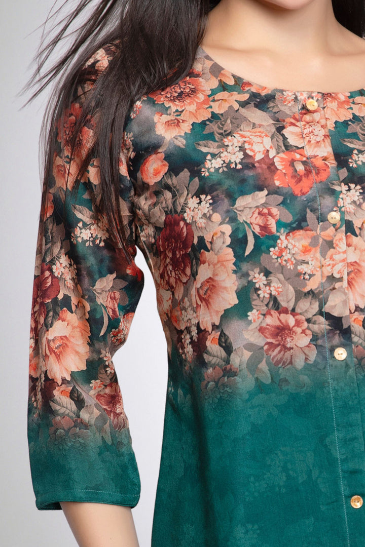 Green Floral Print Short Kurti