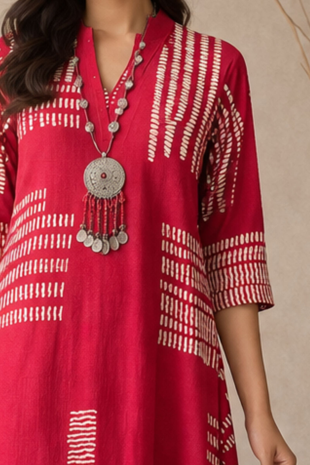 Red Block Print V-Neck Salwar Suit