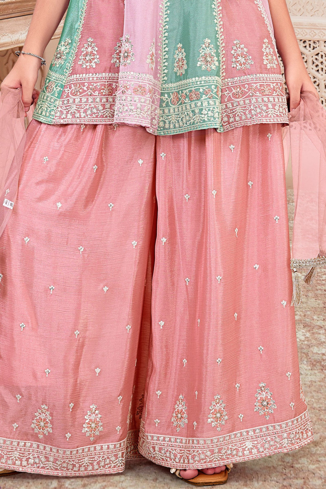 Multicolor Mirror, Beads, Stone, Thread and Sequins work Palazzo Suit Set for Girls
