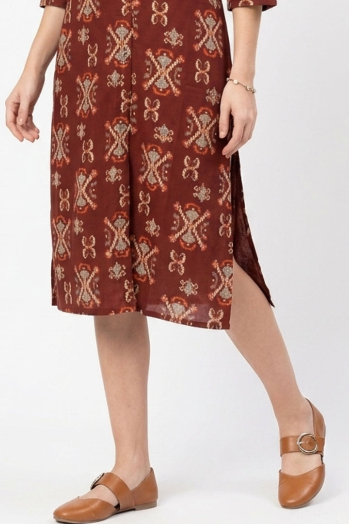 Maroon Digital Print Calf Length Kurti