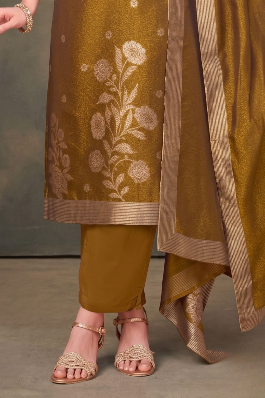 Mustard Brocade, Mirror, Beads and Sequins work Straight Cut Salwar Suit
