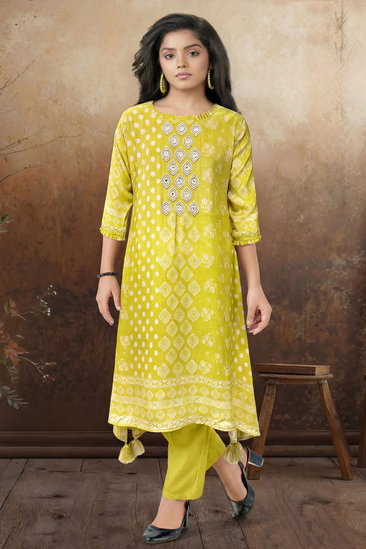 Liril Green Beads and Mirror work with Digital Print Anarkali Styled Salwar Suit for Girls