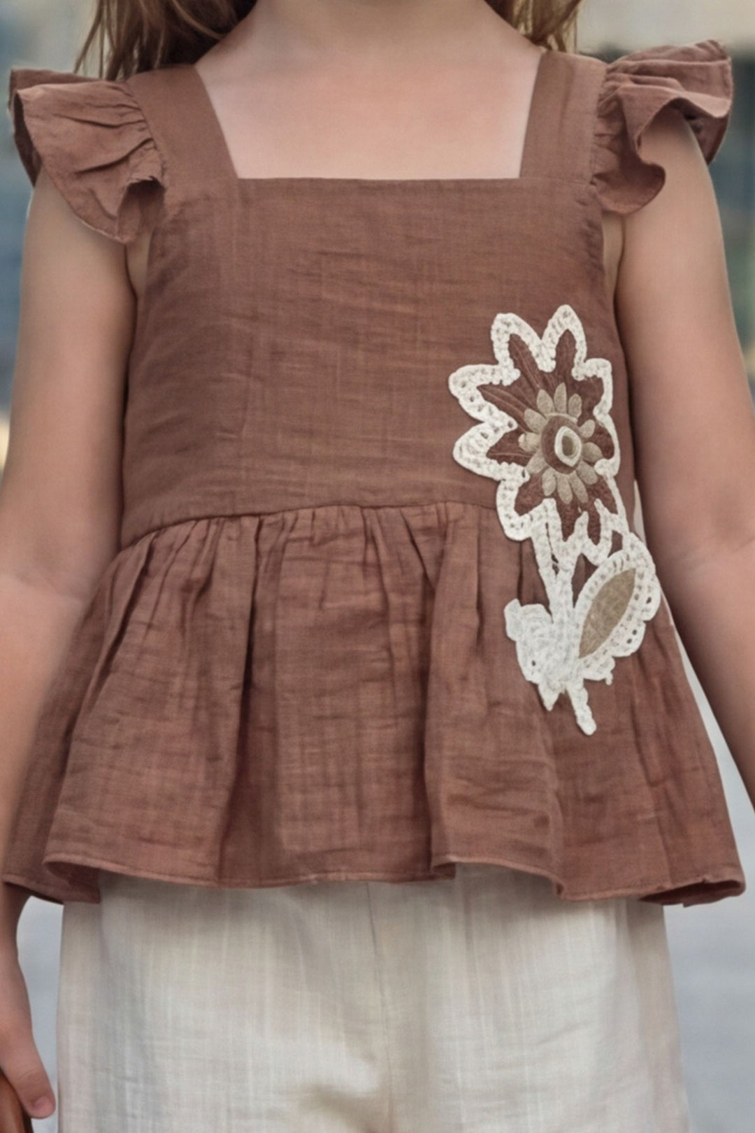 Brown with Cream Thread work Top and Palazzo Set for Girls