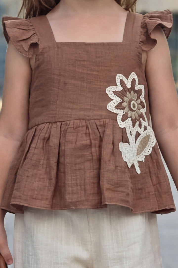 Brown with Cream Thread work Top and Palazzo Set for Girls