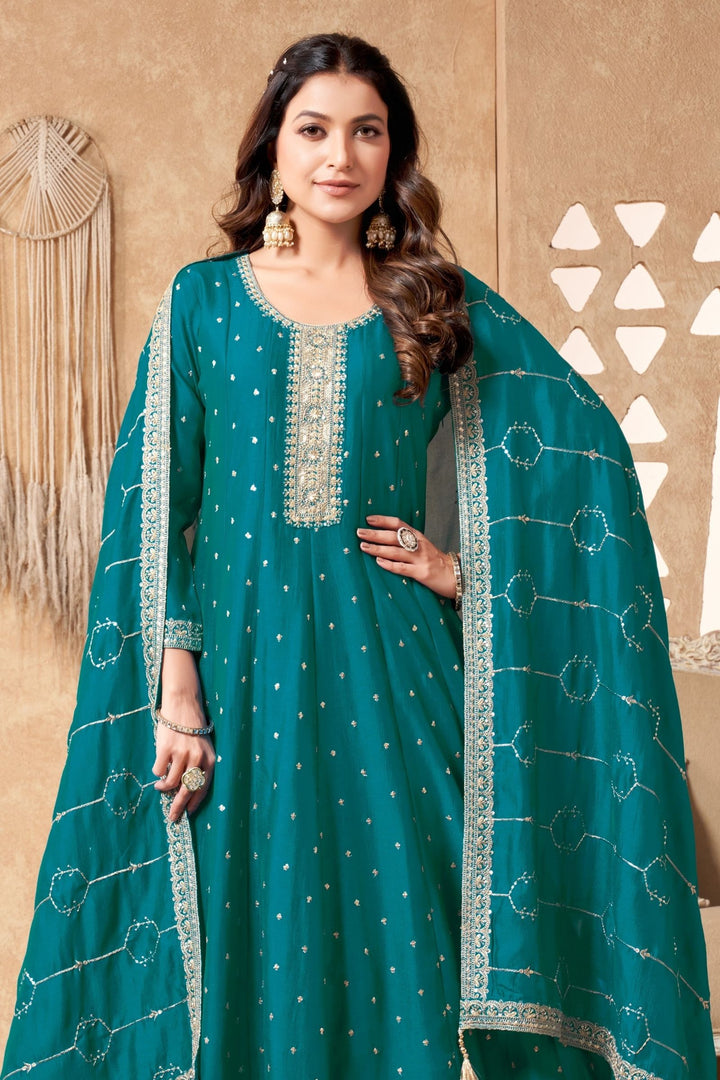 Rama Blue Sequins, Beads and Zari work Anarkali Style Salwar