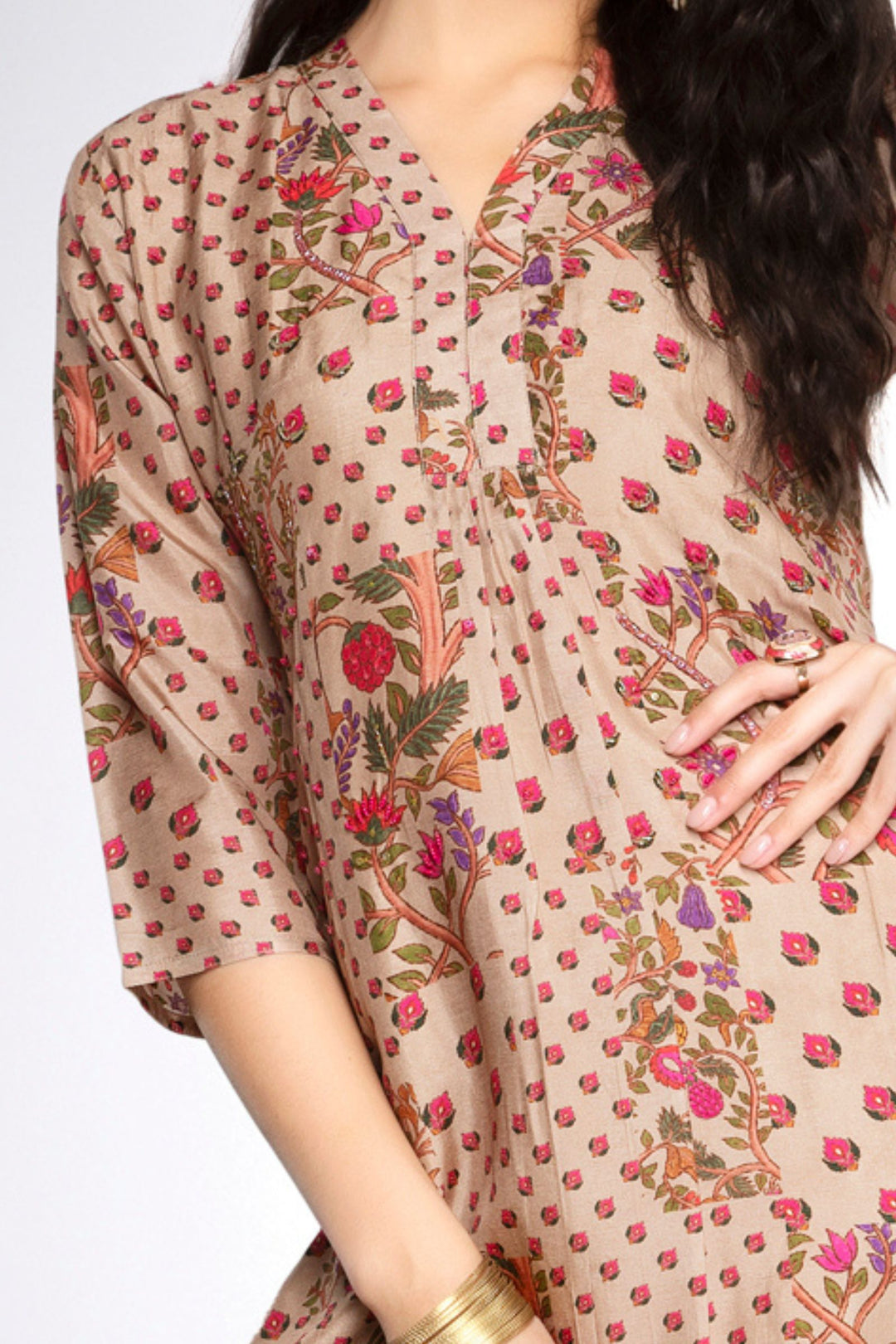Fawn Beads work with Digital Print Calf Length Kurti