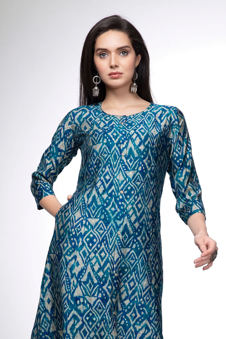 Peacock Blue with Sandal Digital Print Calf Length Kurti