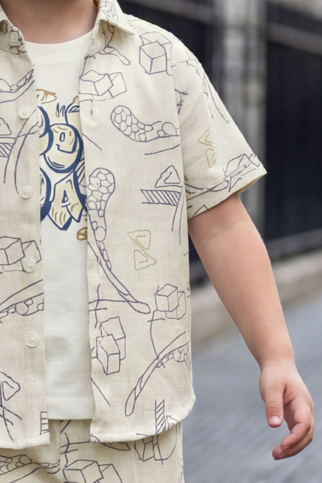 Beige with White Thread work Co-Ord Set for Boys