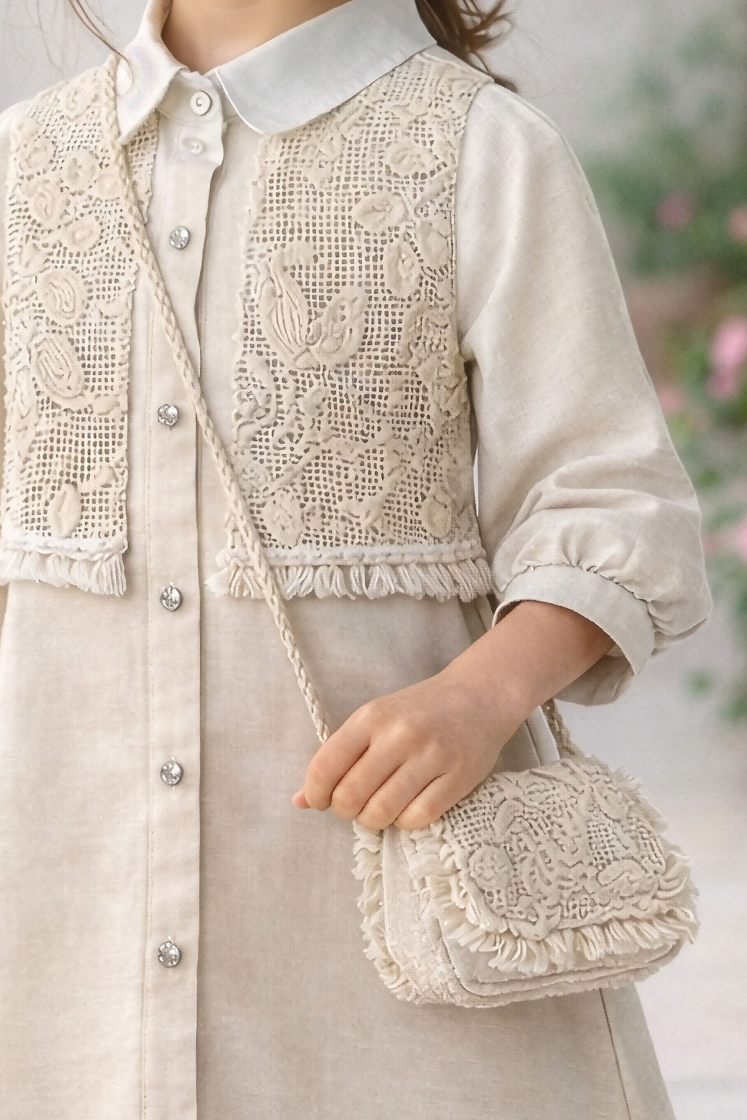 Half White Thread and Sequins work Short Frock For Girls
