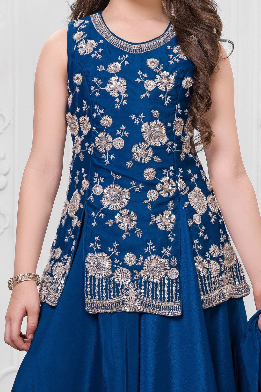 Teal Blue Sequins, Beads and Thread work Palazzo Suit Set for Girls