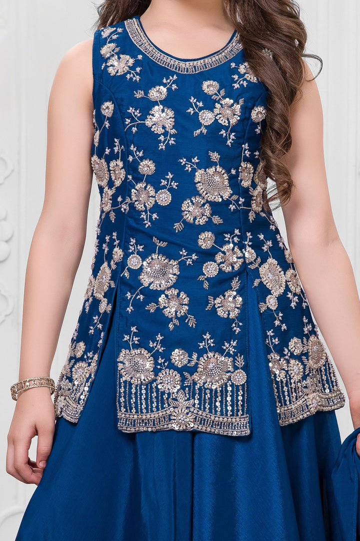 Teal Blue Sequins, Beads and Thread work Palazzo Suit Set for Girls
