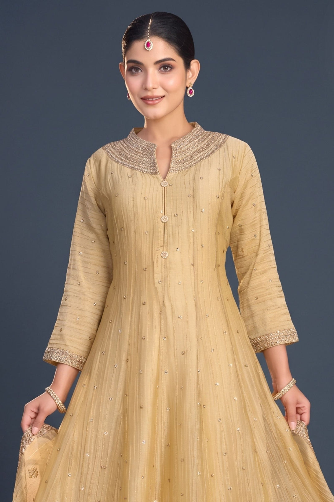 Fawn Zari Thread, Sequins and Beads work Anarkali Style Salwar