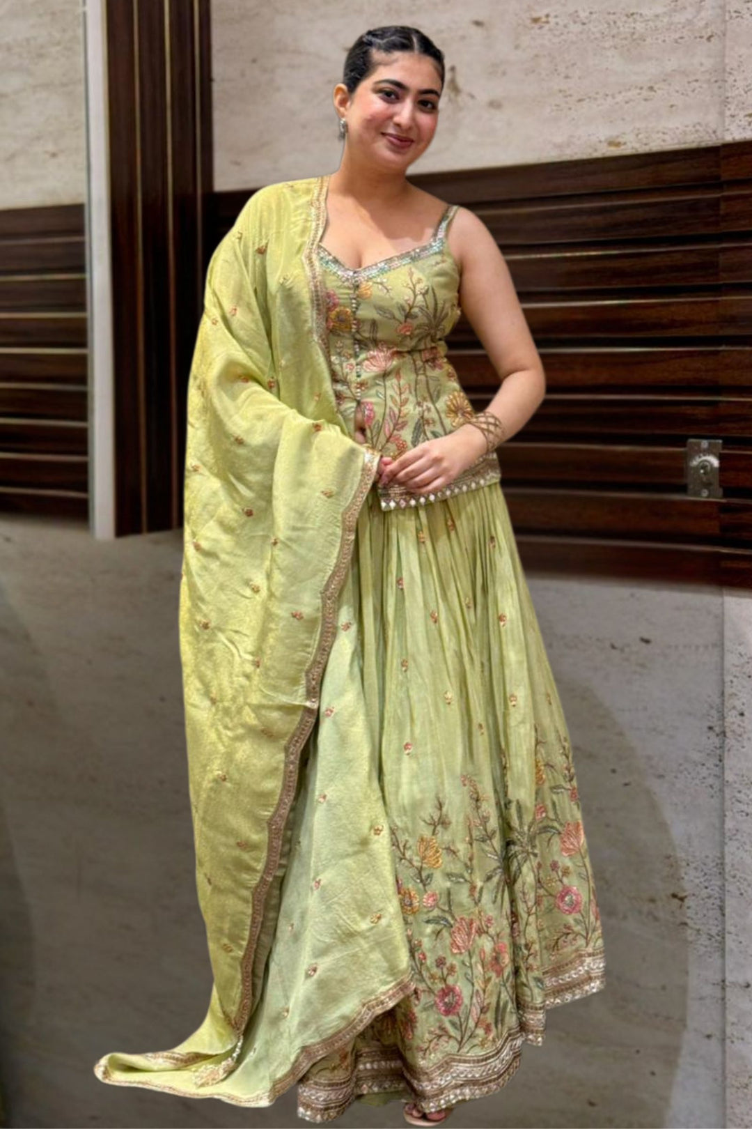 Pista Green Sequins, Zardozi, Mirror and Multicolor Embroidery work Peplum Style Lehenga
