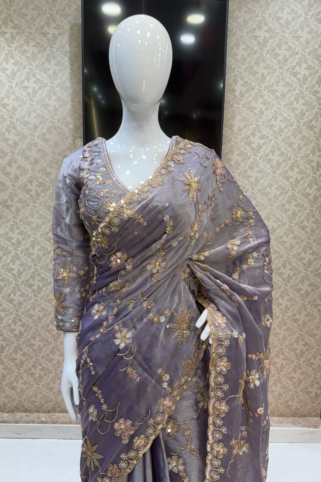 Light Purple Sequins, Beads, Zari and Pearls work Saree
