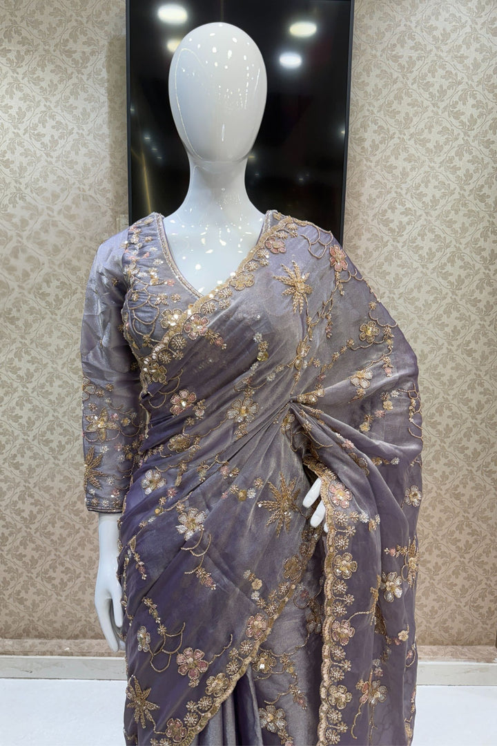 Light Purple Sequins, Beads, Zari and Pearls work Saree