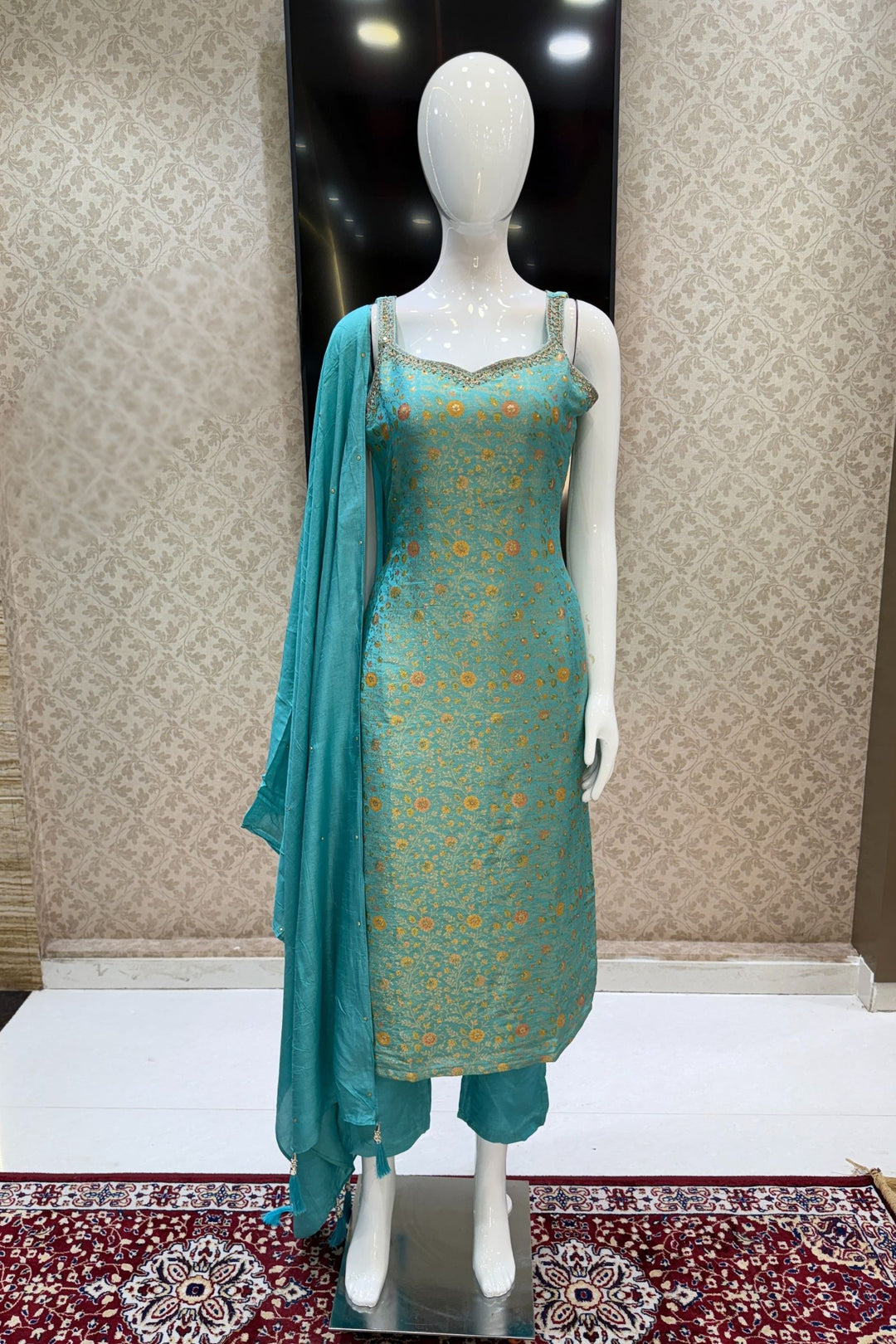 Sea Green Mirror, Zardozi, Stone, Beads and Brocade work Straight Cut Salwar Suit