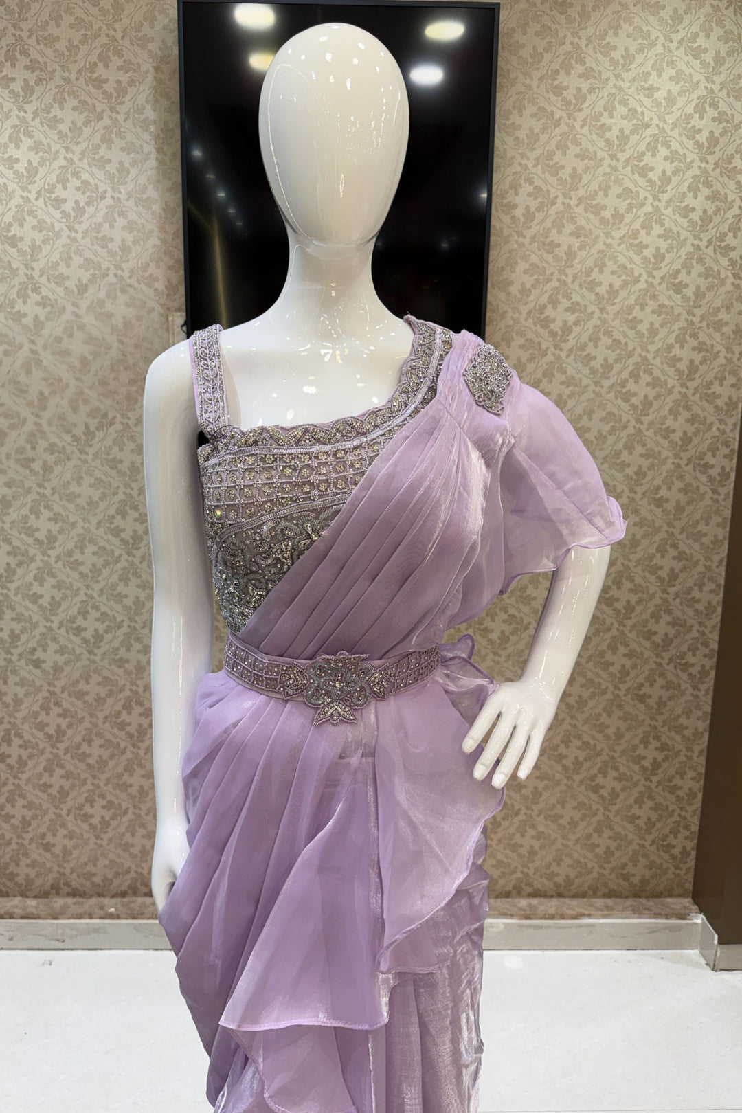 Lavender Readymade Saree with Beads and Stone work Readymade Blouse