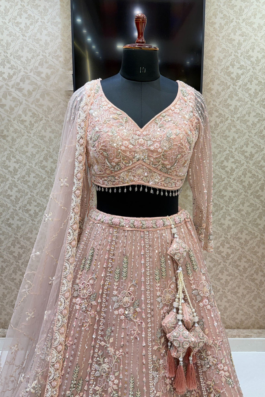 Baby Pink Sequins, Beads and Zari Thread work Crop Top Designer Bridal Lehenga