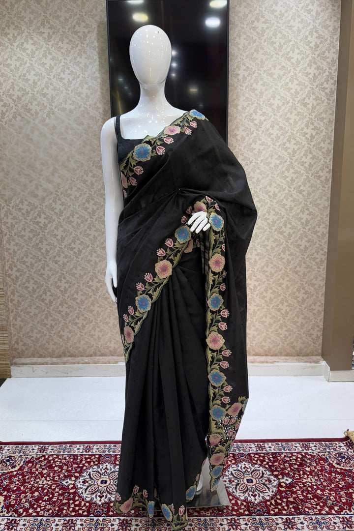 Black Multicolor Embroidery work Saree
