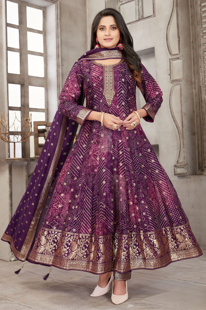 Purple Banaras, Zari, Zardozi and Mirror work with Bandini Print Anarkali Style Salwar