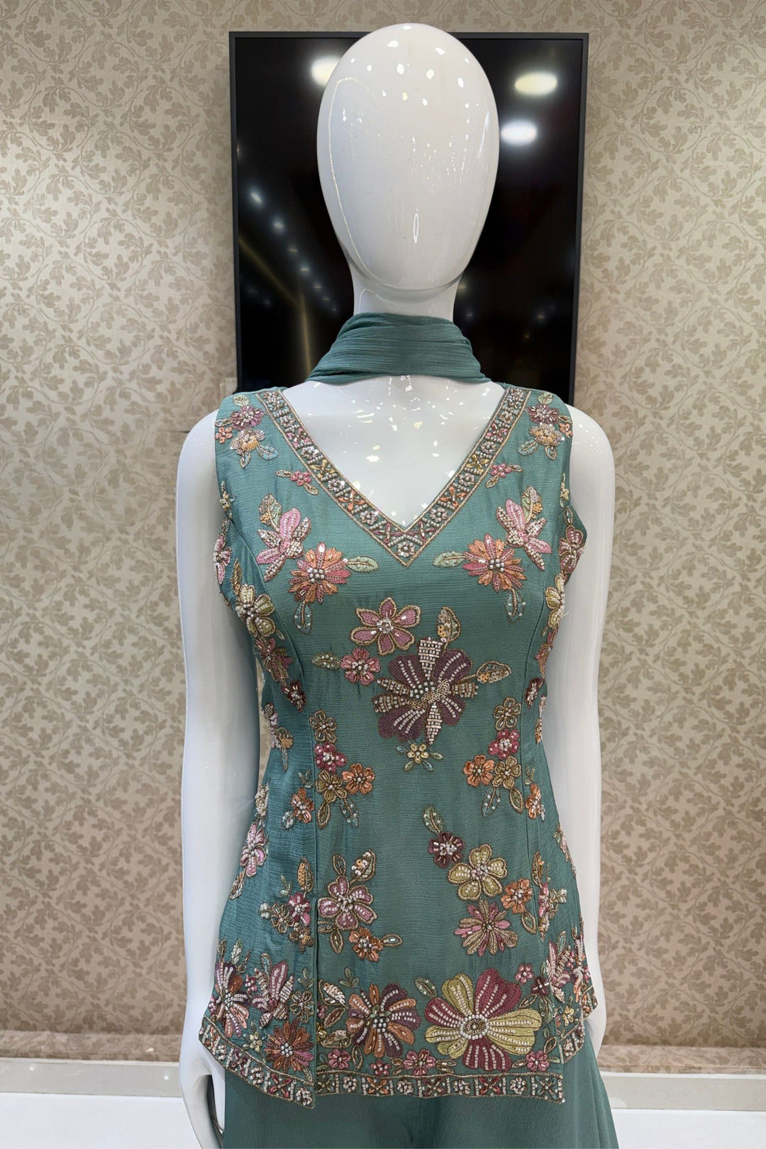 Sea Green Palazzo Set Featuring All-Over Multicolor Embroidery, Beads, Sequins and Zari