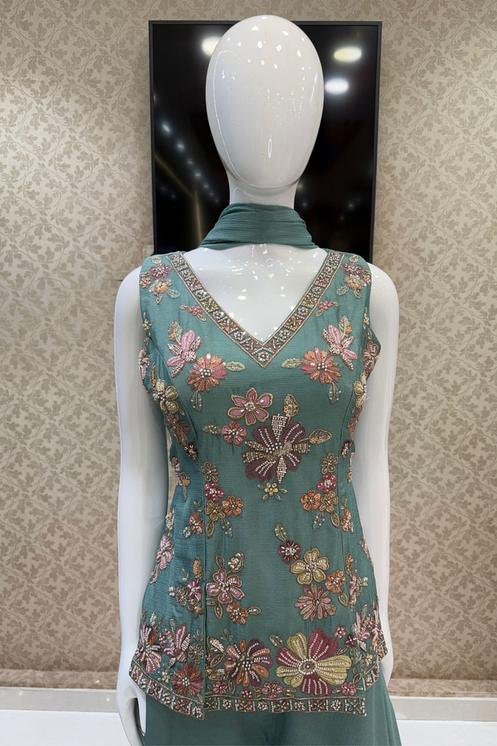 Sea Green Palazzo Set Featuring All-Over Multicolor Embroidery, Beads, Sequins and Zari