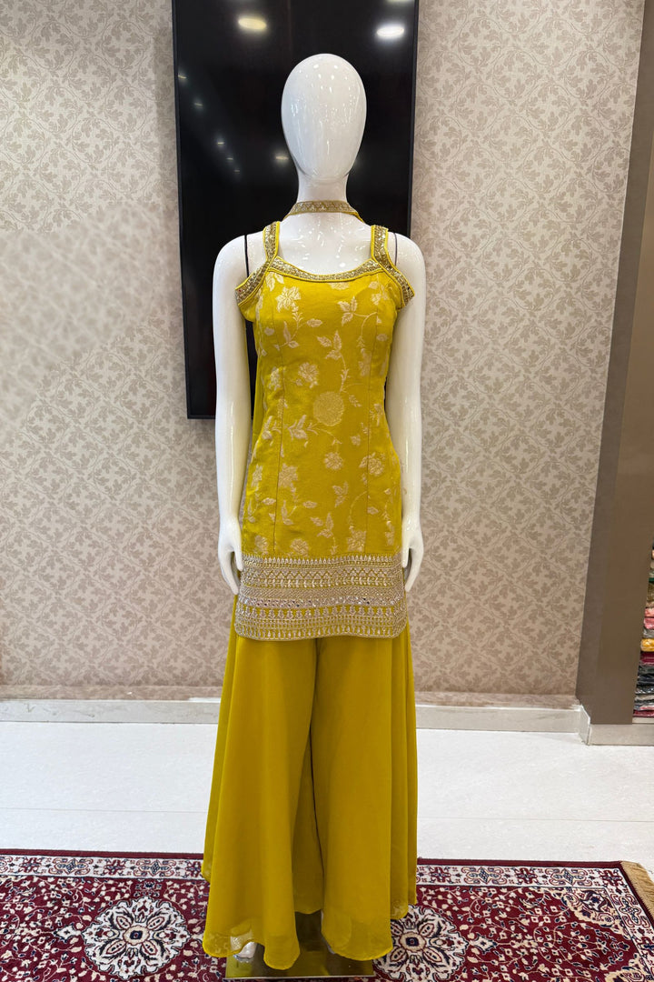 Lemon Yellow Banaras Zari, Mirror, Zardozi, Sequins, Stone and Beads work Palazzo Salwar Suit