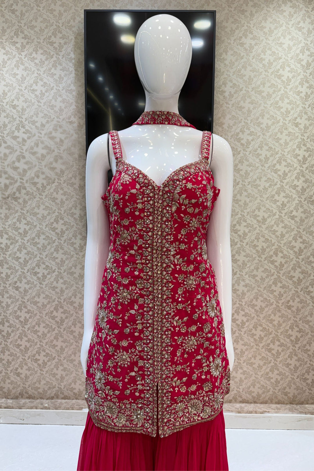 Rani Pink Sequins, Zari, Stone, Mirror and Thread work Sharara Salwar Suit