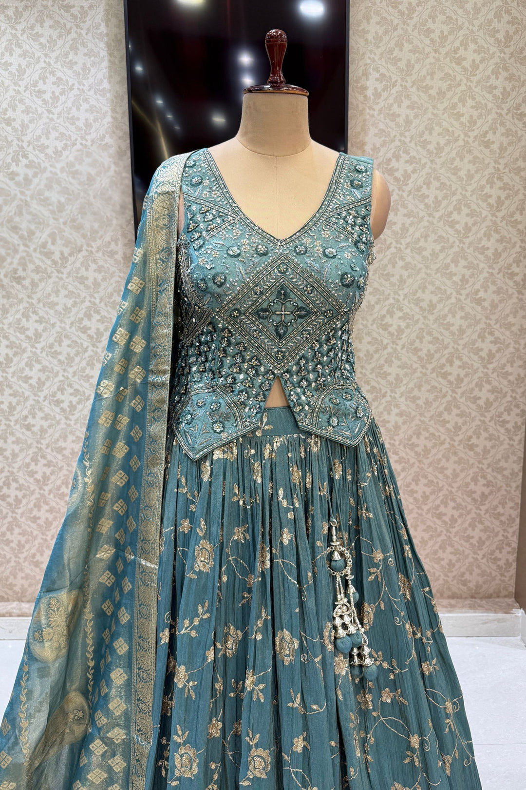 Teal Green Mirror, Zardozi, Sequins, Beads, Stone and Banaras work Peplum Style Lehenga
