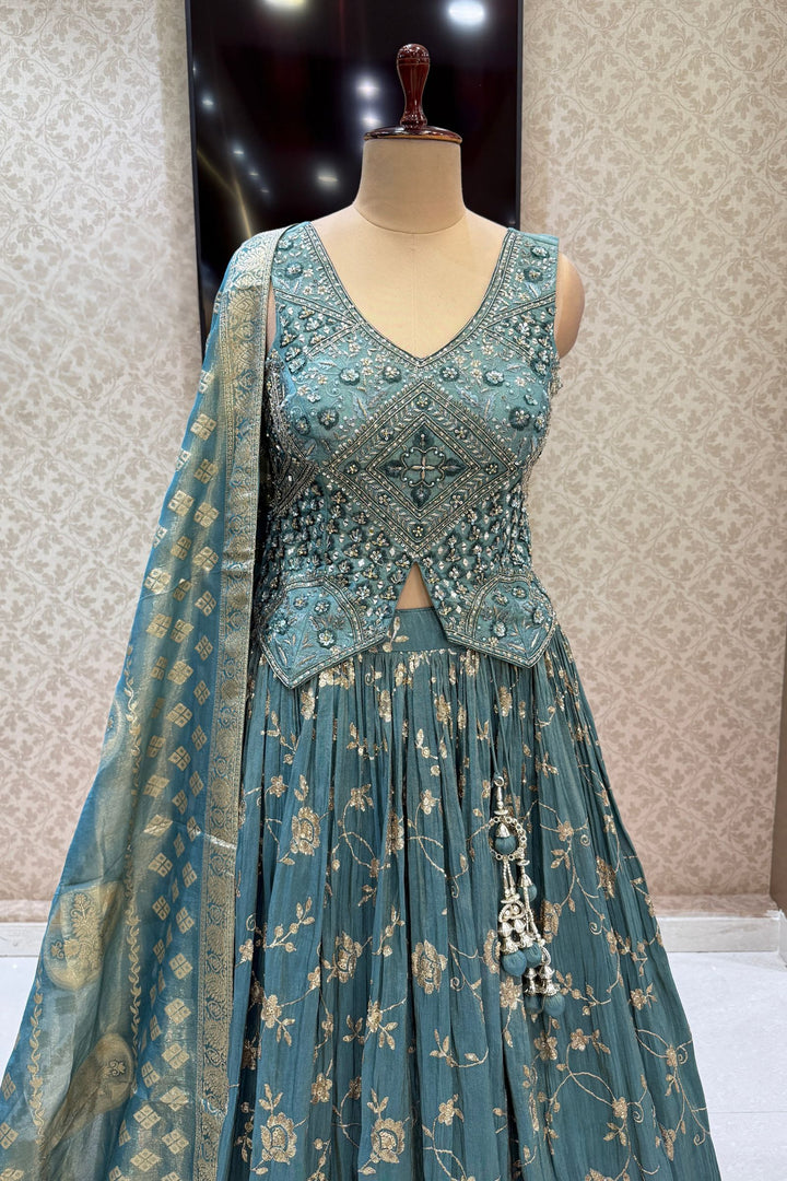 Teal Green Mirror, Zardozi, Sequins, Beads, Stone and Banaras work Peplum Style Lehenga