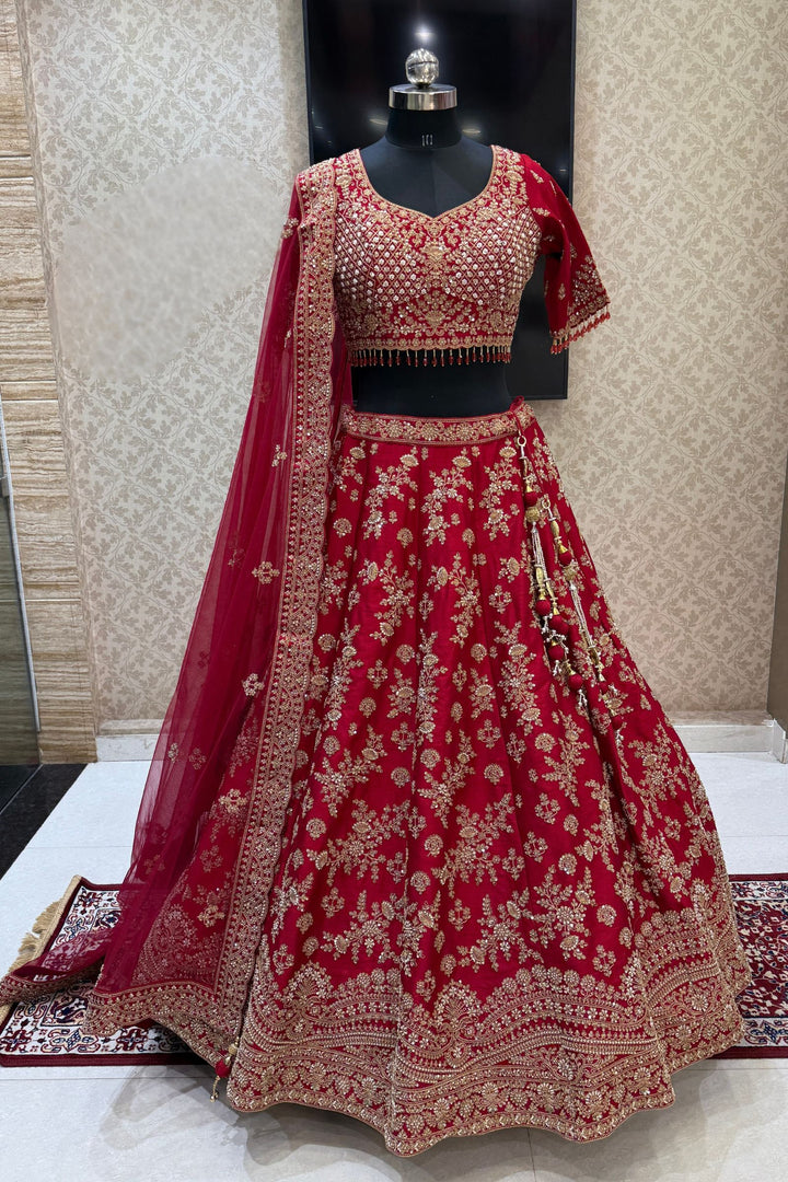 Maroon Beads, Zari, Zardozi and Sequins work Crop Top Designer Bridal Lehenga with Belt