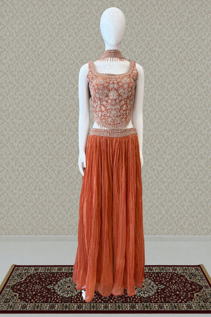 Rust Zari Thread, Stone and Beads work Palazzo Set with Corset Top
