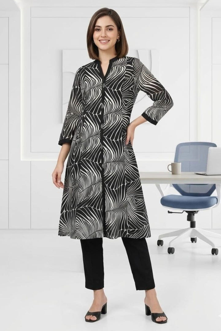 Black Beads work with Digital Print A-Line Cut Calf Length Kurti