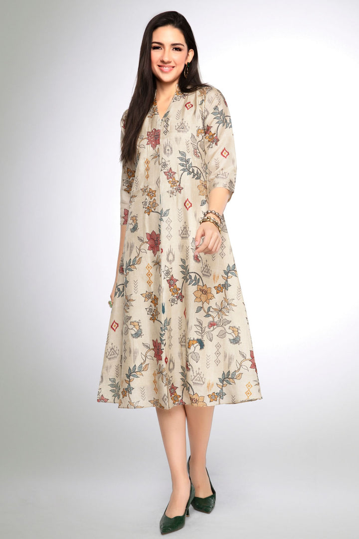 Beige Zari, Zardozi, Beads and Sequins work with Floral Print A-line Cut Calf Length Kurti
