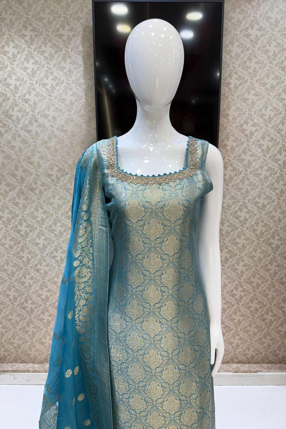 Sea Blue Beads, Mirror, Stone, Banaras and Brocade work Straight Cut Salwar Suit