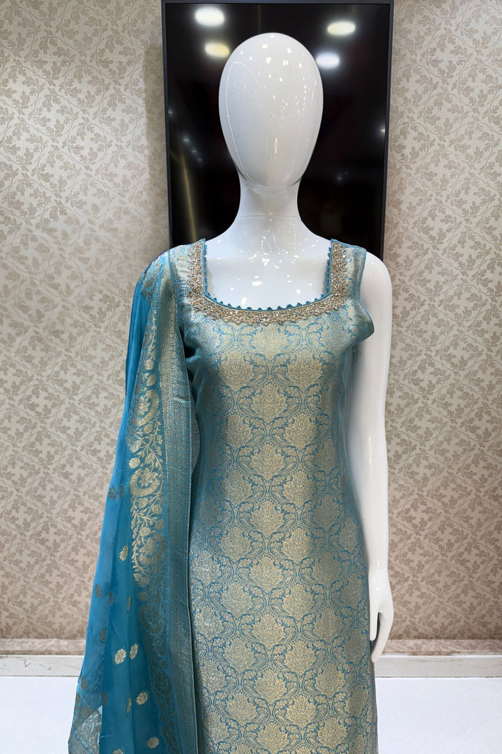 Sea Blue Beads, Mirror, Stone, Banaras and Brocade work Straight Cut Salwar Suit