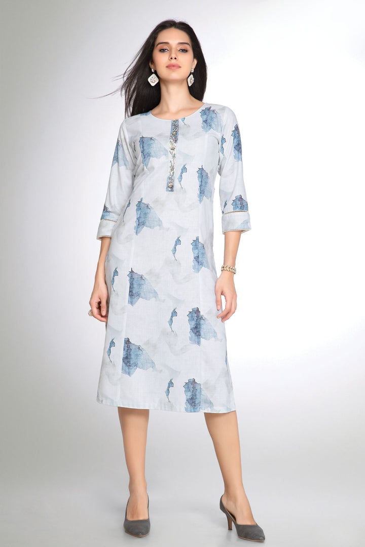 White with Blue Tie and Dye Print, Beads and Sequins work Calf Length Kurti